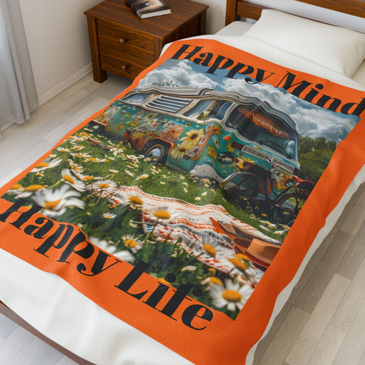 VELVETEEN PLUSH BLANKET "HAPPY MIND HAPPY LIFE" DESIGNED FOR VAN LIFE - NickAlly