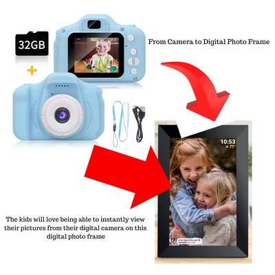 Kids digital camera with 32GB memory card and accessories, transferring photos to a digital photo frame. Visual guide showing how children can view their captured images instantly.