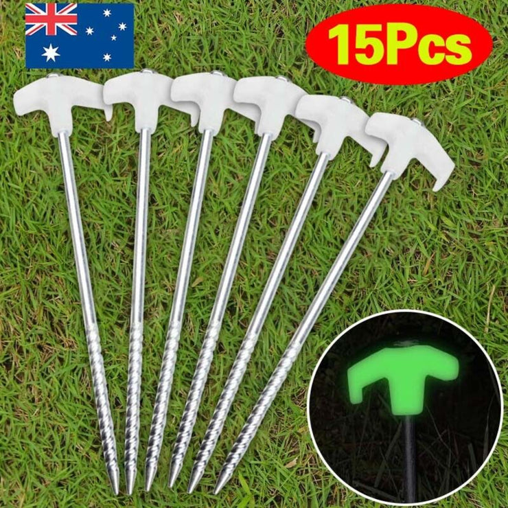 15 PIECE SET OF HEAVY - DUTY GALVANISED STEEL SCREW - IN OUTDOOR CAMPING STAKES - NickAlly