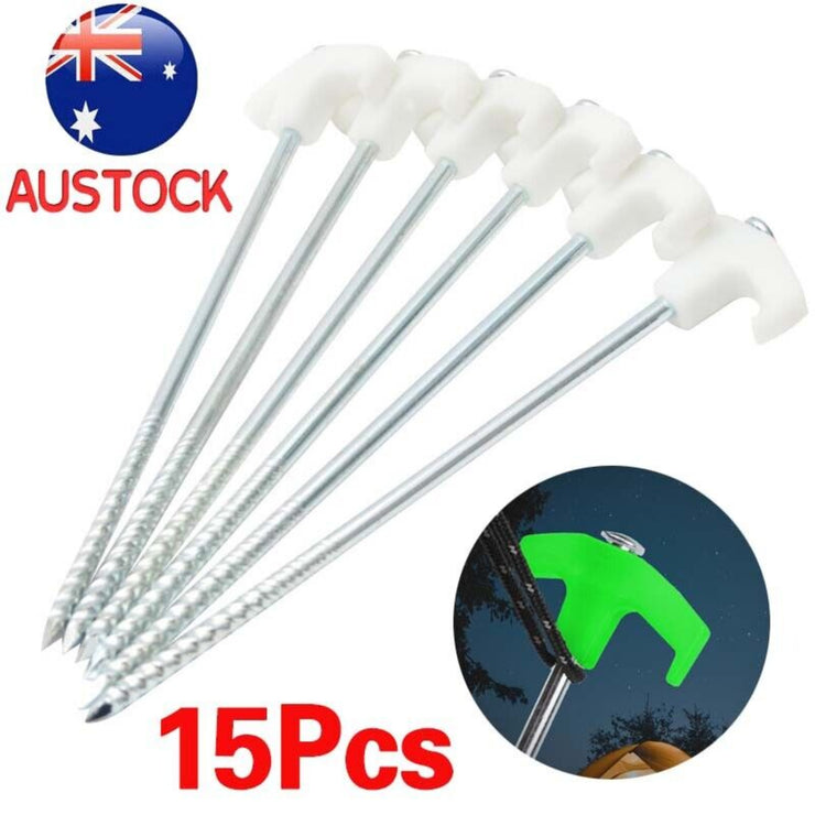 15 PIECE SET OF HEAVY - DUTY GALVANISED STEEL SCREW - IN OUTDOOR CAMPING STAKES - NickAlly