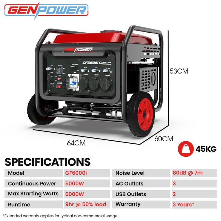 GENPOWER 6KW OPEN FRAME INVERTER GENERATOR WITH A 15L TANK & WHEELS - NickAlly