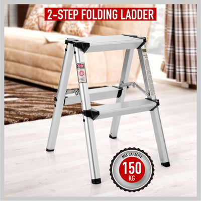 2 - STEP HEAVY - DUTY ALUMINIUM FOLDING LADDER & 150KG WEIGHT CAPACITY - NickAlly