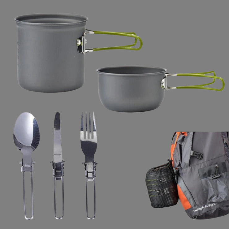 COMPACT OUTDOOR CAMPING COOKWARE SET & UTENSILS FOR 1 - 2 PEOPLE - NickAlly
