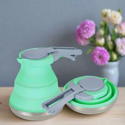 Light Green 1.5L Collapsible Silicone Camping Kettle - Portable Foldable Travel Water Boiler, Stainless Steel Base - NickAlly