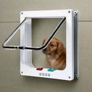 Small dog looking through a transparent pet door with manual lock controls, installed on a wall.