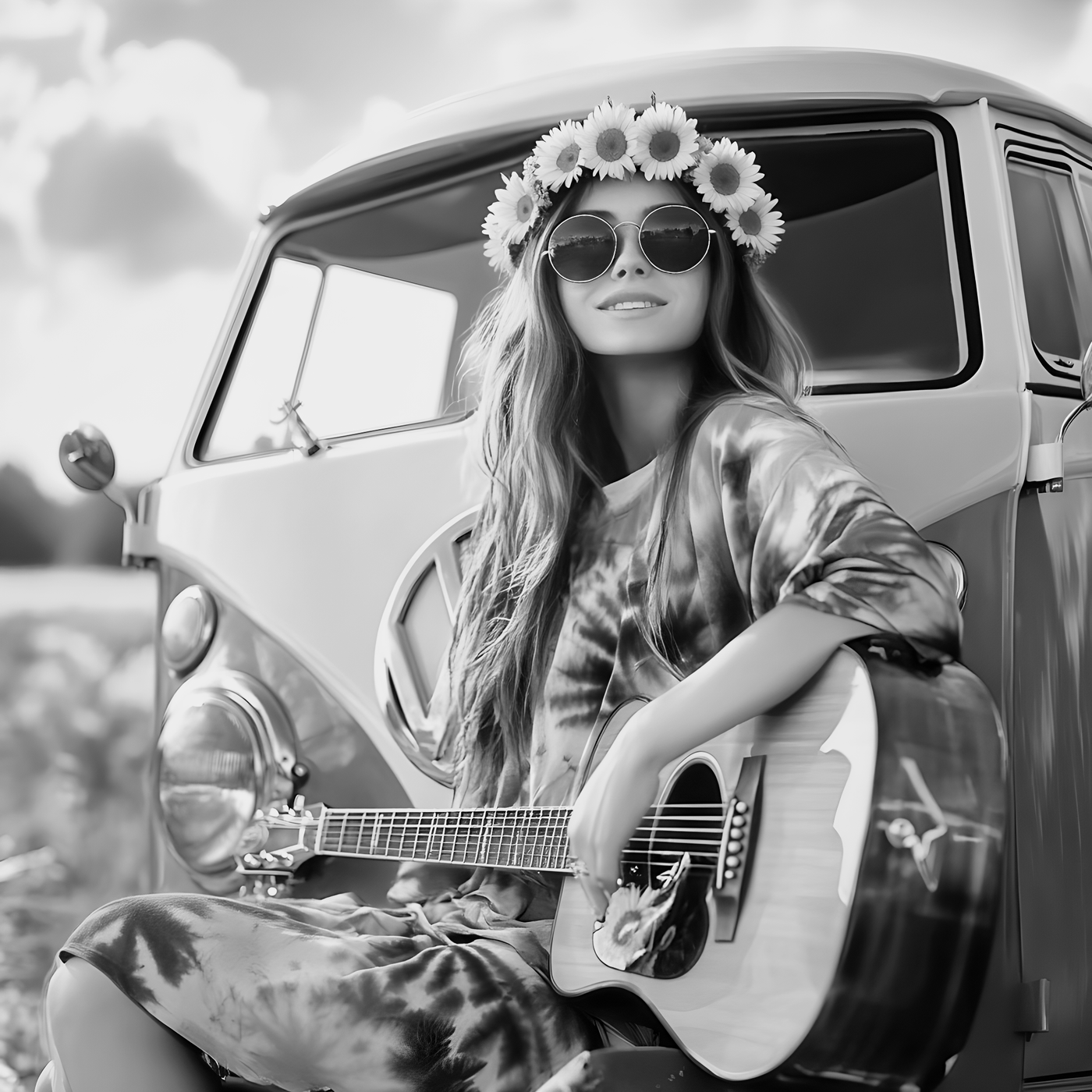 black n white Young woman in tie-dye dress with sunflower crown and sunglasses, sitting with a guitar in front of a vintage green VW van in a sunny flower field.

