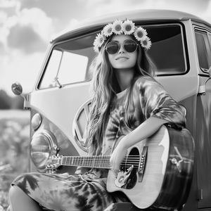 black n white Young woman in tie-dye dress with sunflower crown and sunglasses, sitting with a guitar in front of a vintage green VW van in a sunny flower field.


