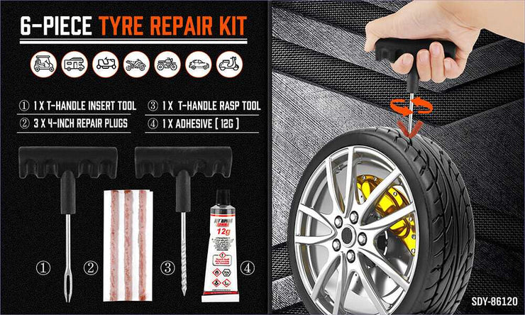 6 - Piece Tyre Repair Kit with T - Handle Tools - NickAlly